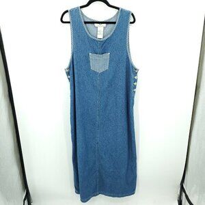 VTG True Blue Denim Midi Dress W/Gingham Print Trim XL Blue/White